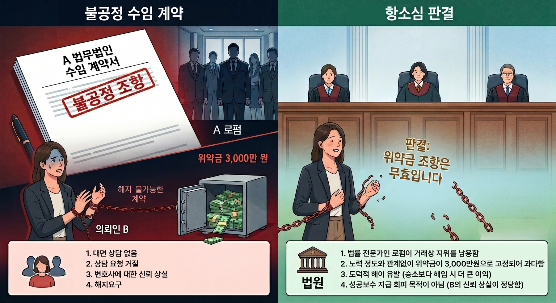 [판결][단독] “의뢰인 변심 시 위약금 3,000만 원… 로펌 수임 약정서는 무효”