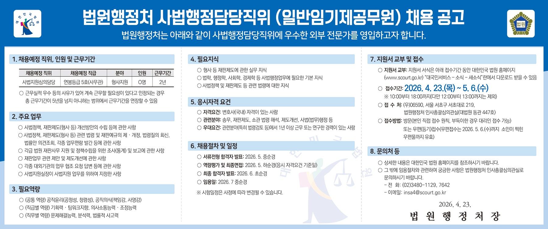 법원행정처, 사법지원심의담당 사무관 채용